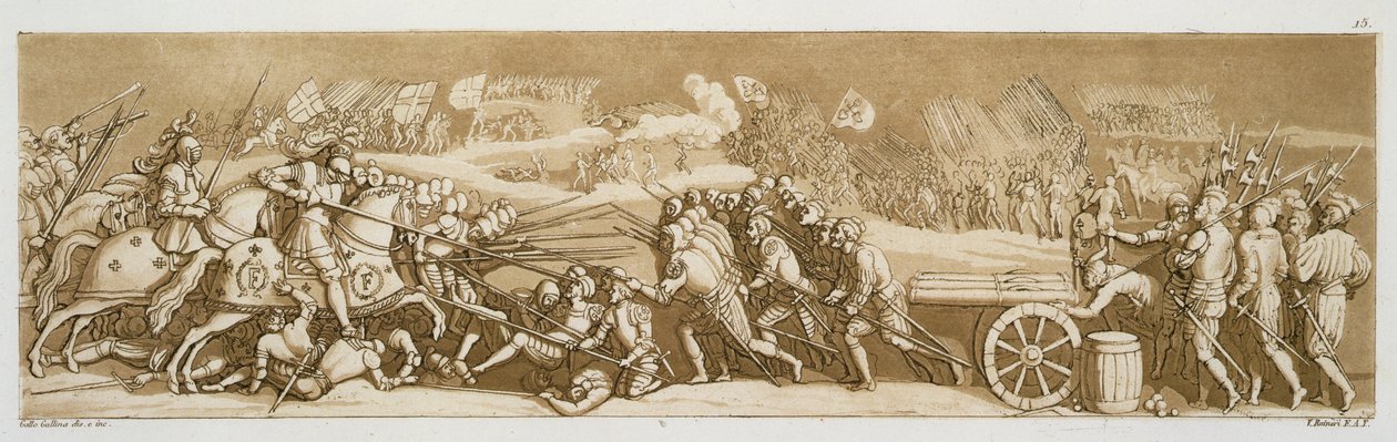 Bitva u Melegnana, 1515, deska 15 z „Le Costume Ancien et Moderne“ od Julese Ferraria, vyryto Vittoriem Rainerim, vydáno kolem 20.–30. let 19. století od Gallo Gallina