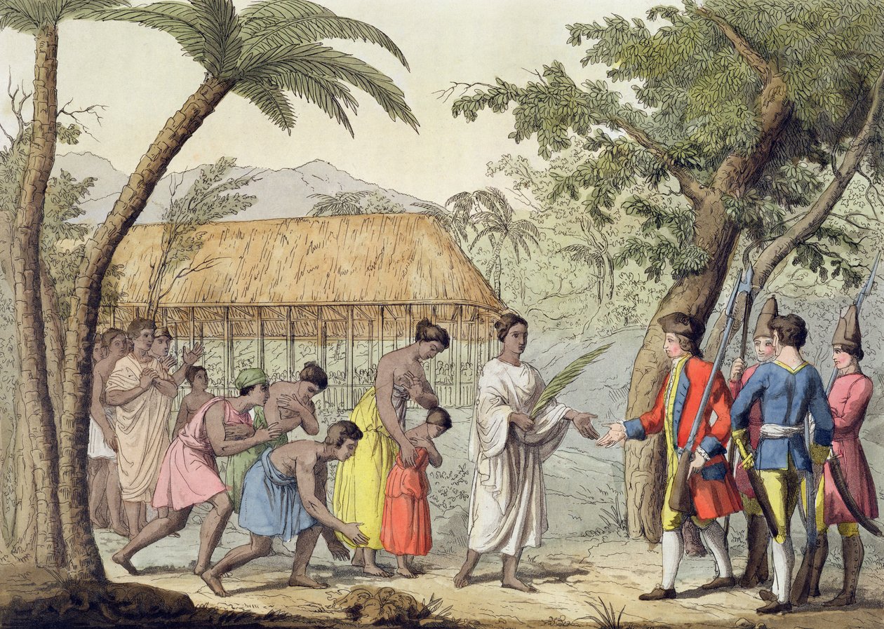 Kapitán Samuel Wallis (1728-1830) byl přijat královnou Oberea na ostrově Tahiti od Gallo Gallina
