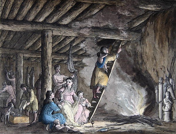 Interiér jurty na Kamčatce, ilustrace z „Le Costume Ancien et Moderne“ od Julese Ferraria, vydané v Miláně kolem 20.–30. let 18. století (barevná rytina) od Gallo Gallina
