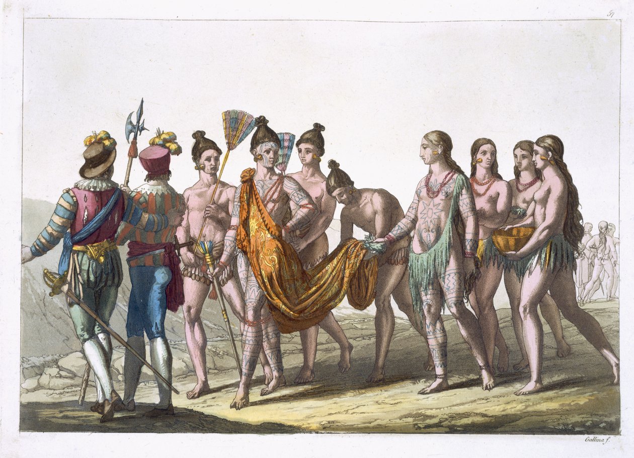 Vdovy domorodých Američanů přistupují k náčelníkovi pro povolení k novému sňatku, deska 57 z „Le Costume Ancien et Moderne“ od Julese Ferraria, vydáno kolem 20.–30. let 19. století od Gallo Gallina