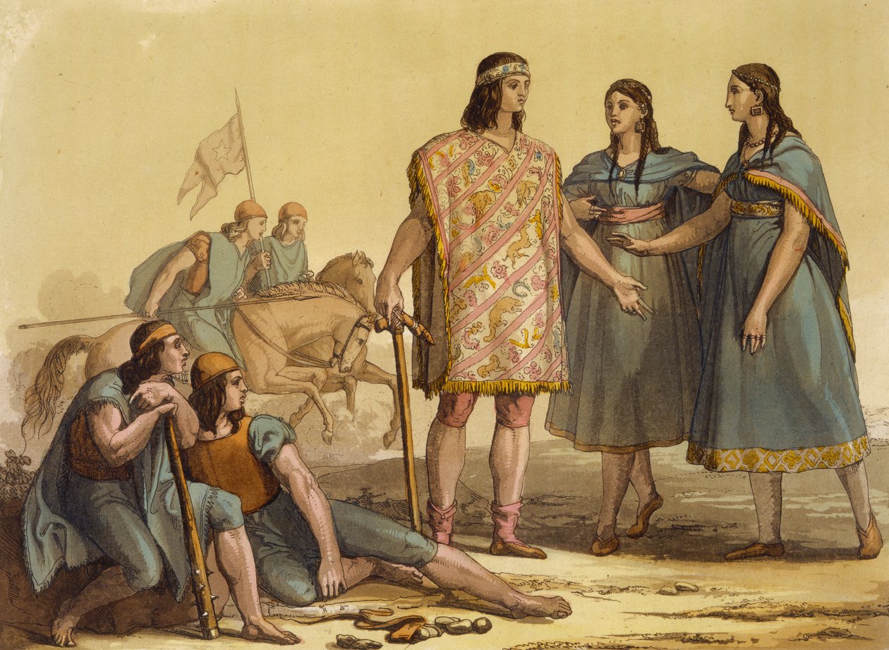 Domorodci z kmene Araucani, Argentina, z Le Costume Ancien et Moderne, svazek II, deska 37, od Julese Ferraria, vydáno kolem 20.–30. let 19. století od Gallo Gallina