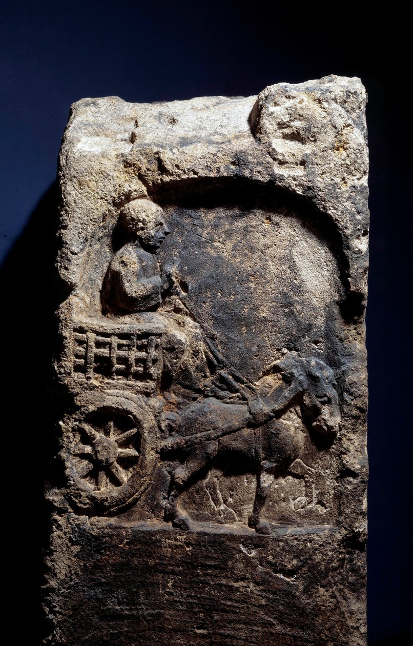Art Gallo Romain: stéla představující muže na voze zapřaženého za koně. 50 př. n. l. – 100 n. l. Metz. Muzeum výtvarných umění od Gallo Roman