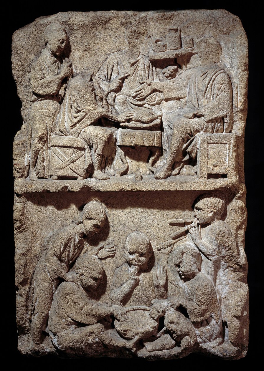 Art Gallo Romain: stéla představující scénu jídel a dětských her. 50 př. n. l. – 100 n. l. Metz. Muzeum výtvarných umění od Gallo Roman