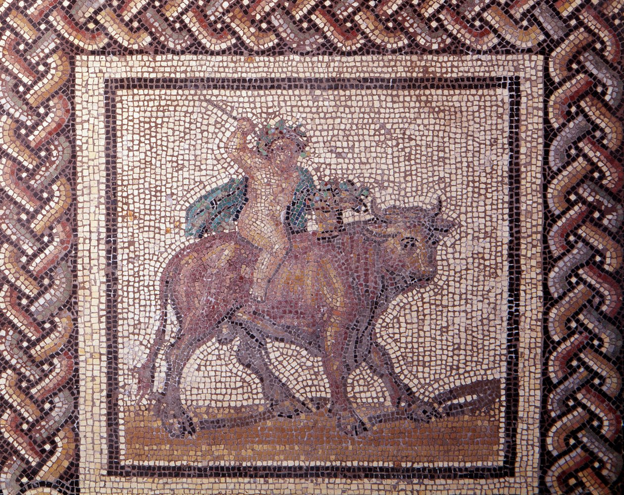 Gallo Roman Art: mozaiková dlažba představující rustikální kalendář. Alegorie jarních jízd na býkovi. Konec 2., začátek 3. století po JC. Ze Saint-Romain-en-Gal (Rhone). Saint Germain en Laye, Národní muzeum archeologie od Gallo Roman