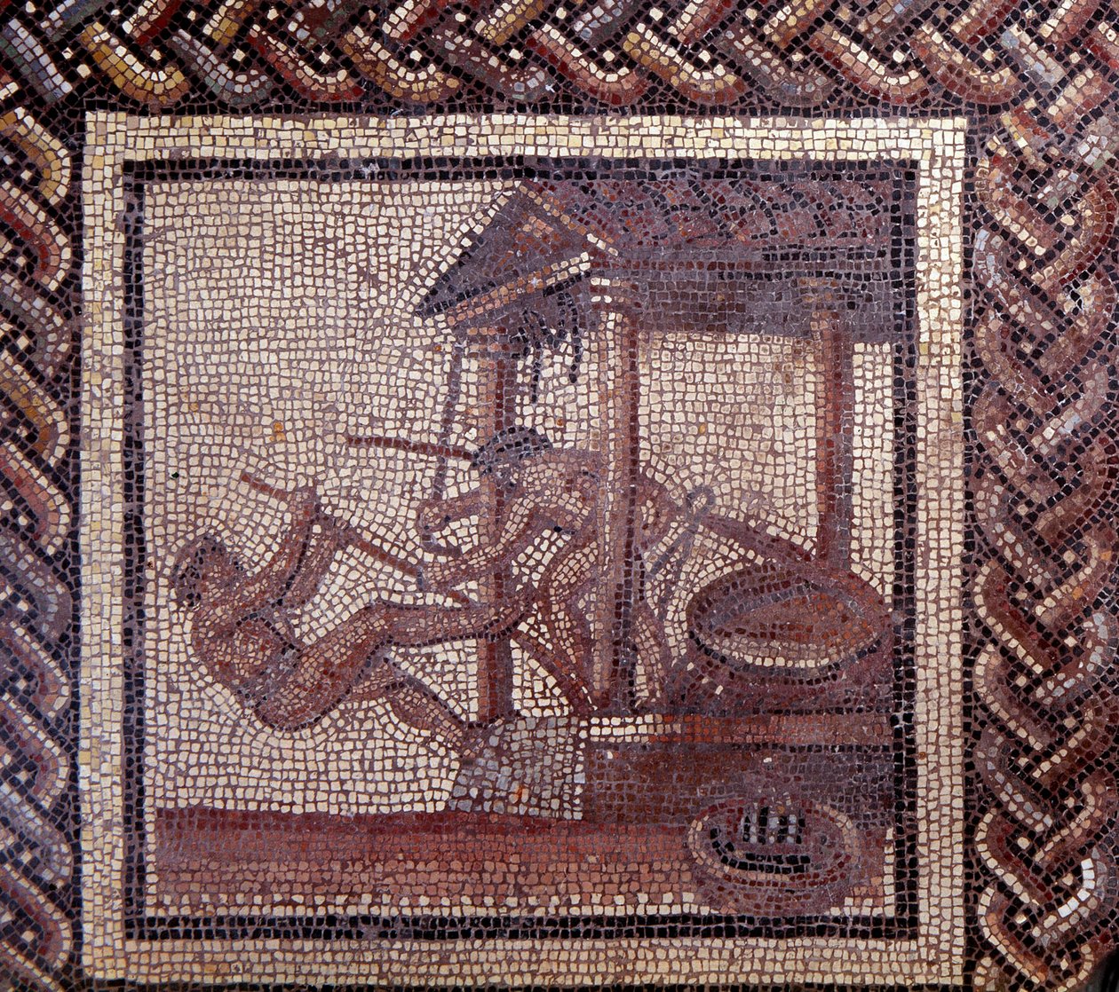 Gallo Roman Art: mozaiková dlažba představující rustikální kalendář. Lis na olej. Konec 2., začátek 3. století po JC. Ze Saint-Romain-en-Gal (Rhone). Saint Germain en Laye, Národní muzeum archeologie od Gallo Roman