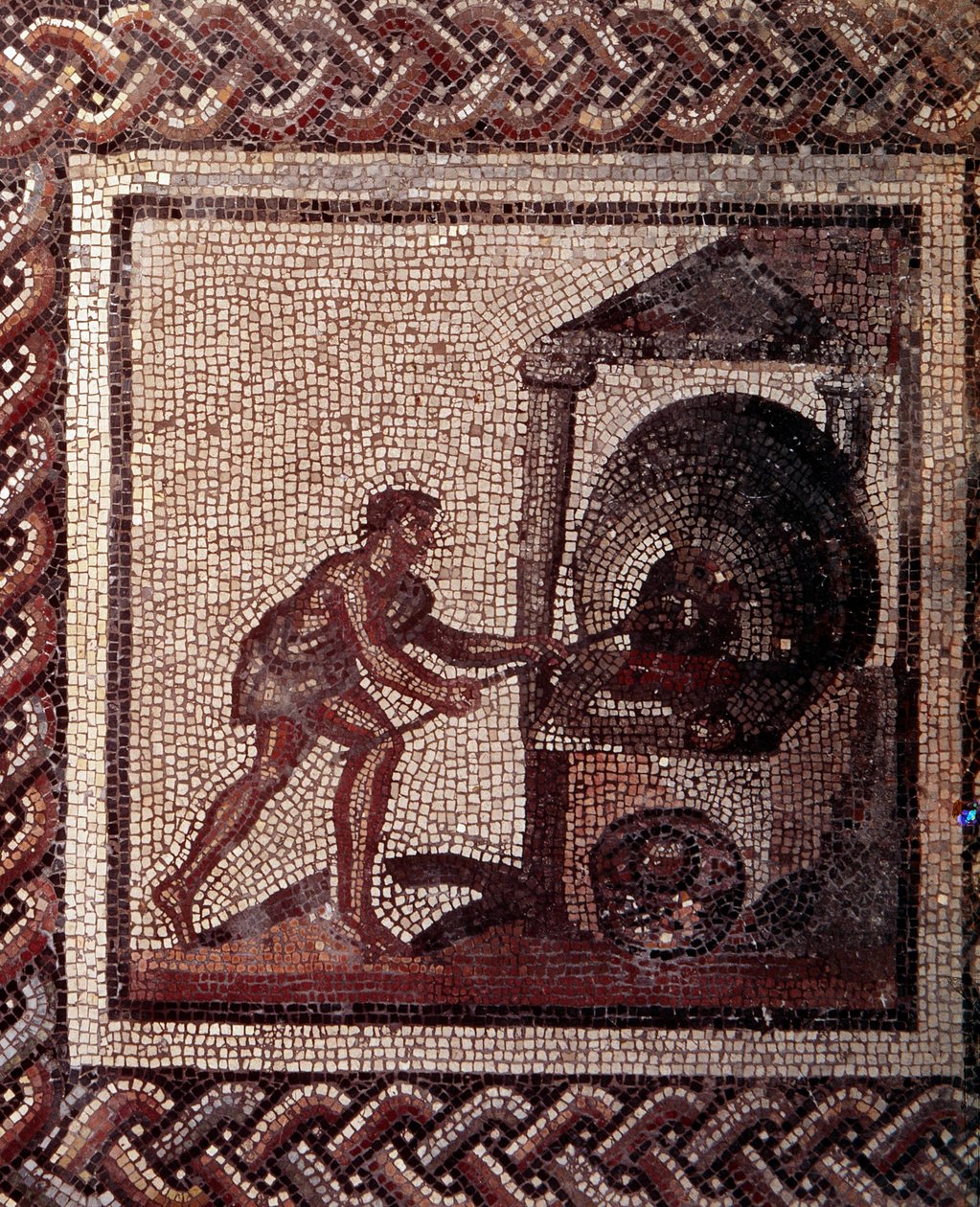 Gallo Roman Art: mozaiková dlažba představující rustikální kalendář. Scéna výroby chleba. Konec 2., začátek 3. století po JC. Ze Saint-Romain-en-Gal (Rhone). Saint Germain en Laye, Národní muzeum archeologie od Gallo Roman