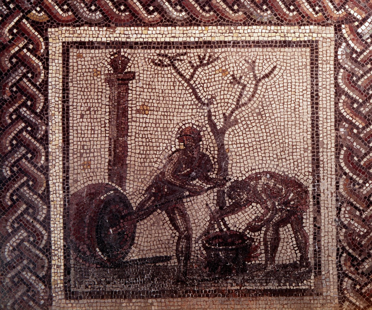 Gallo Roman Art: mozaiková dlažba představující rustikální kalendář. Jar postering scéna. Konec 2., začátek 3. století po JC. Ze Saint-Romain-en-Gal (Rhone). Saint Germain en Laye, Národní muzeum archeologie od Gallo Roman