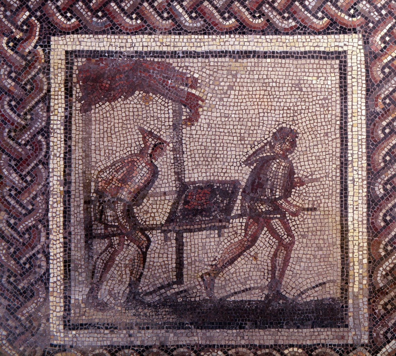 Gallo Roman Art: mozaiková dlažba představující rustikální kalendář. Scéna dopravy hnoje. Konec 2., začátek 3. století po JC. Ze Saint-Romain-en-Gal (Saint Romain en Gal, Rhone). Saint Germain en Laye, Národní muzeum archeologie od Gallo Roman