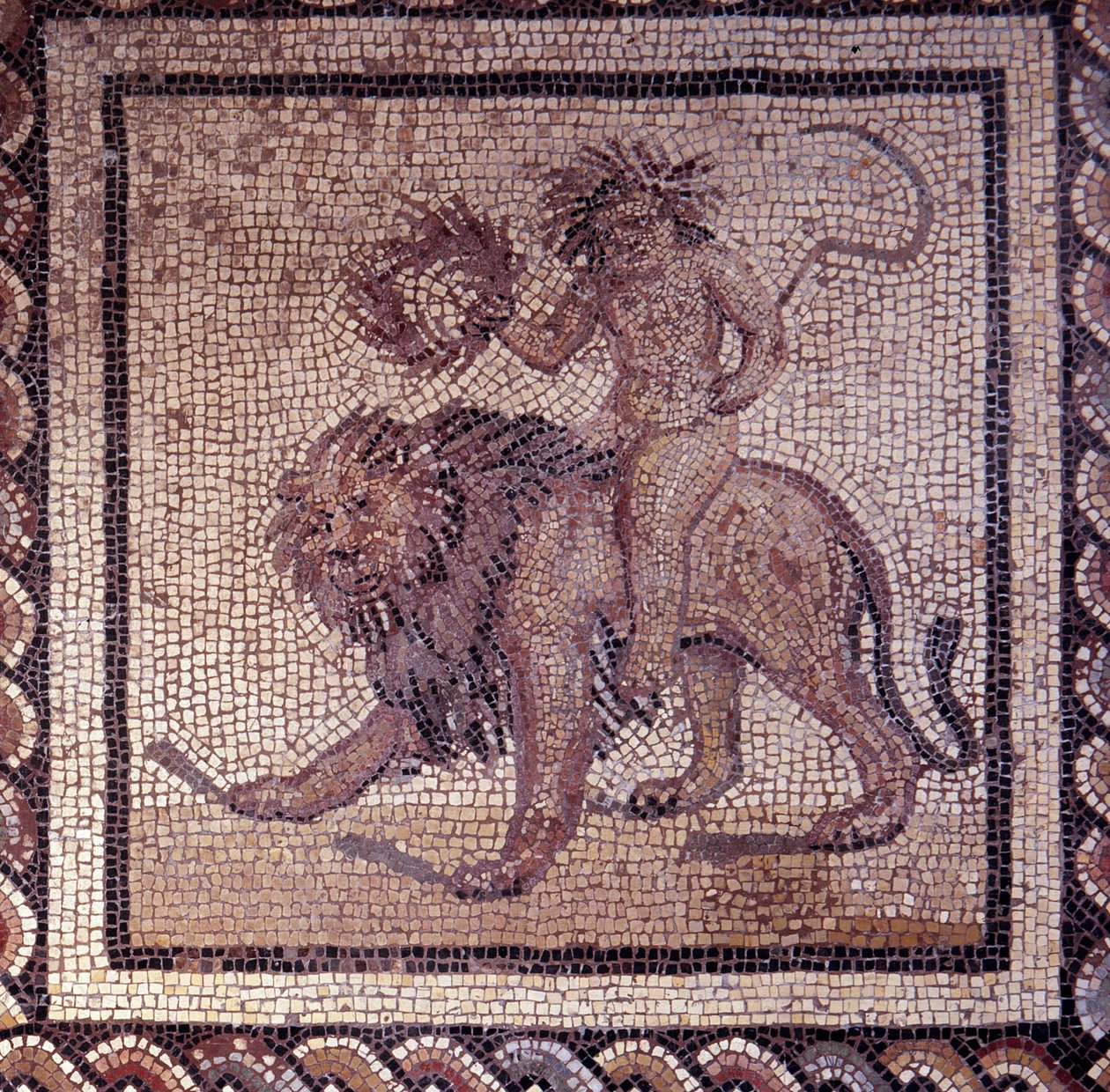 Gallo Roman Art: mozaiková dlažba představující rustikální kalendář. Letní alegorie o lvu. Konec 2., začátek 3. století po JC. Ze Saint-Romain-en-Gal (Rhone). Saint Germain en Laye, Národní muzeum archeologie od Gallo Roman