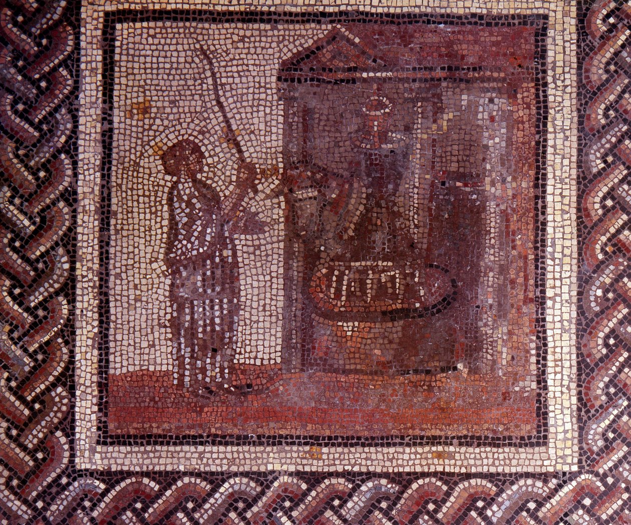 Gallo Roman Art: mozaiková dlažba představující rustikální kalendář. Práce má brusný kotouč. Konec 2., začátek 3. století po JC. Ze Saint-Romain-en-Gal (Rhone). Saint Germain en Laye, Národní muzeum archeologie od Gallo Roman
