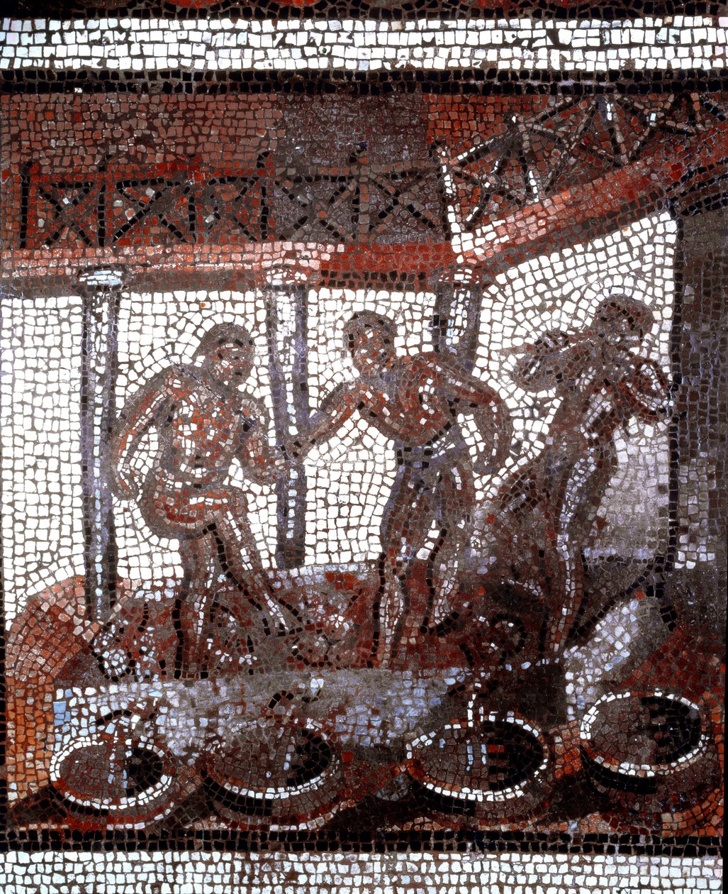 Scéna šlapání hroznů v kádi. (mozaika, konec 2., začátek 3. stol.) od Gallo Roman