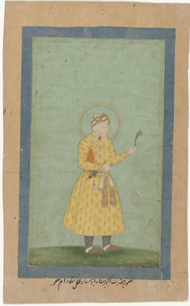 Portrét Akbara, stojícího, s chocholem v ruce od Gangaram (attributed to)