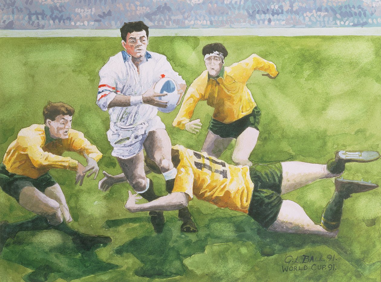 Rugby Match: Anglie vs. Austrálie ve finále Světového poháru, 1991, Will Carling se potýká (wc) od Gareth Lloyd Ball