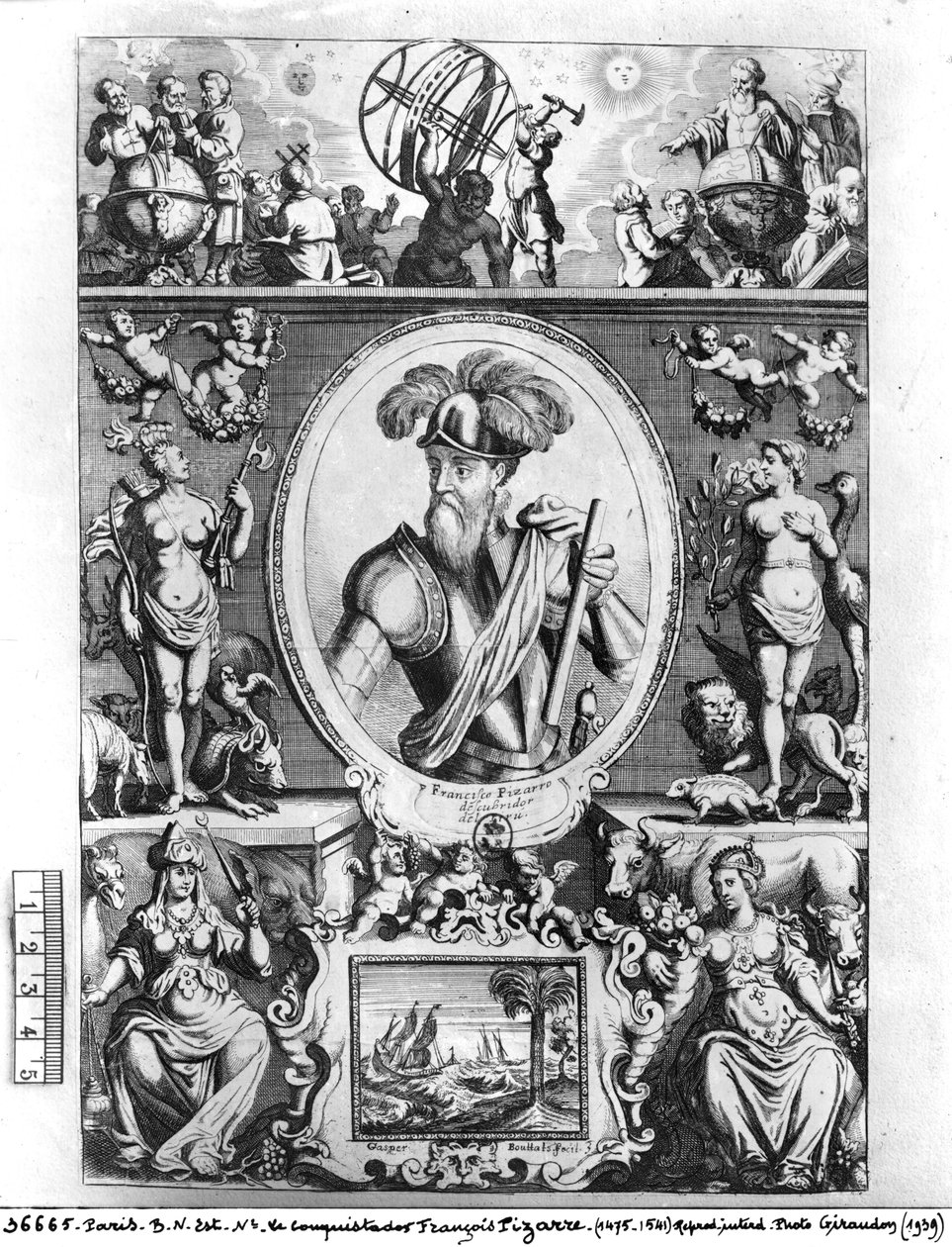 Portrét Francisca Pizarra (1475-1541) s alegorickými postavami od Gaspar Bouttats