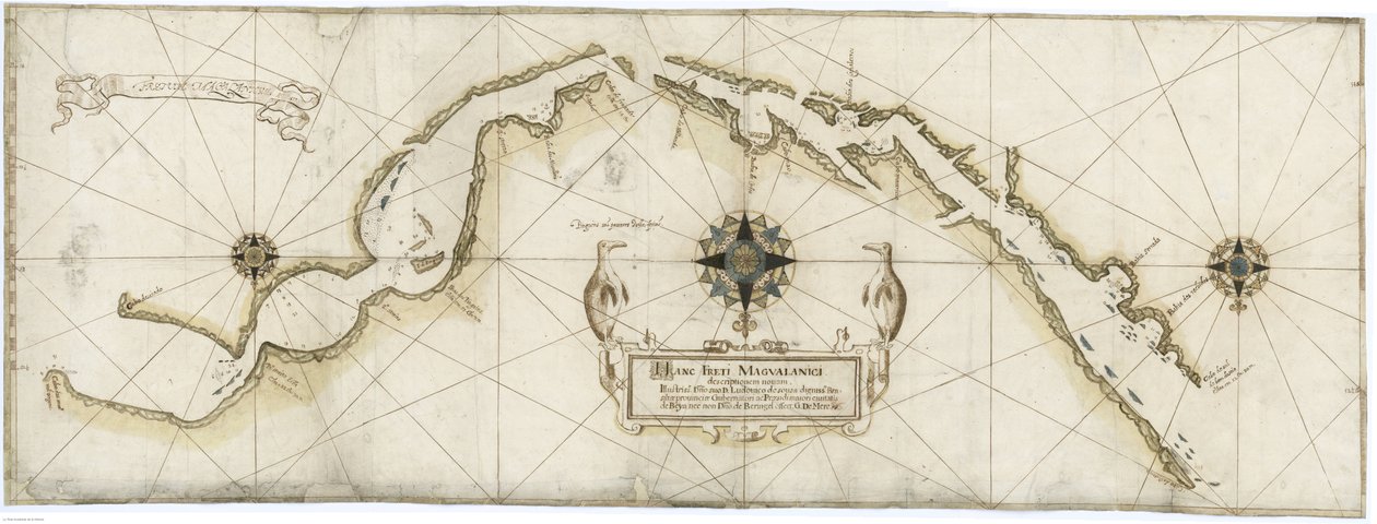 Generální schéma Magellanského průlivu vytvořené Gasparem de Mere v roce 1617 na základě map od Jana Outghersze od Gaspar de Mere