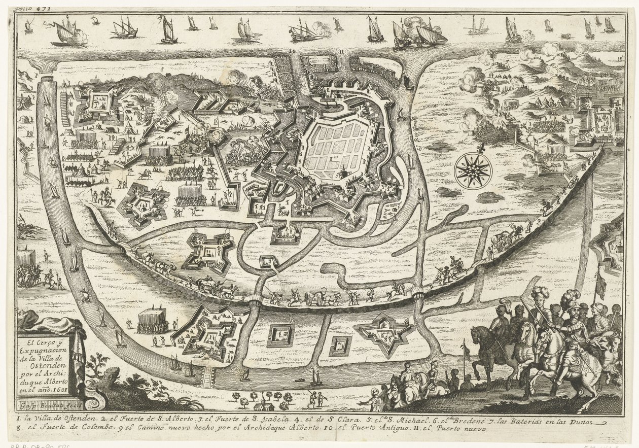 Beleg van Oostende, 1601 El Cerco y Expugnacion de la Villa de Ostenden por el Archiduque Alberto en el ano 1601 (title on object)   1356123   cs       czech Successfully Translated  Original: A Ferryboat Crossing the Sumida River Translat: A Ferryboat Cro od Gaspar Bouttats
