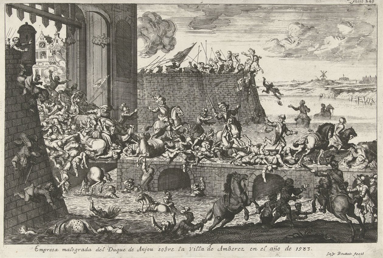 Od Franse Furie te Antwerpen, 1583 Neúspěšná společnost vévody z Anjou na město Amberez v roce 1583 (název na předmětu) od Gaspar Bouttats