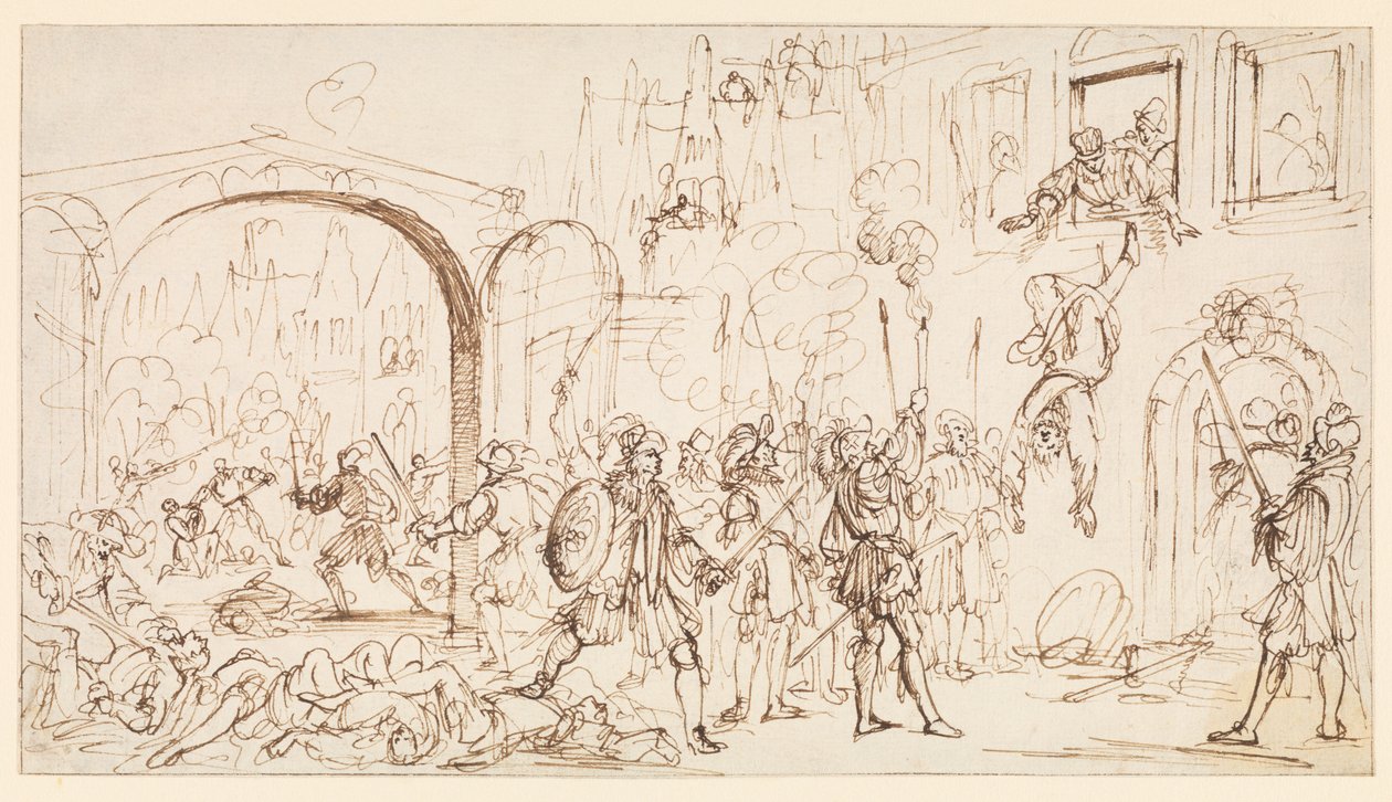 Masakr svatého Bartoloměje, kolem roku 1686 (černá křída, pero a hnědý inkoust na položeném papíře, s hnědým inkoustovým rámováním) od Gaspar Bouttats