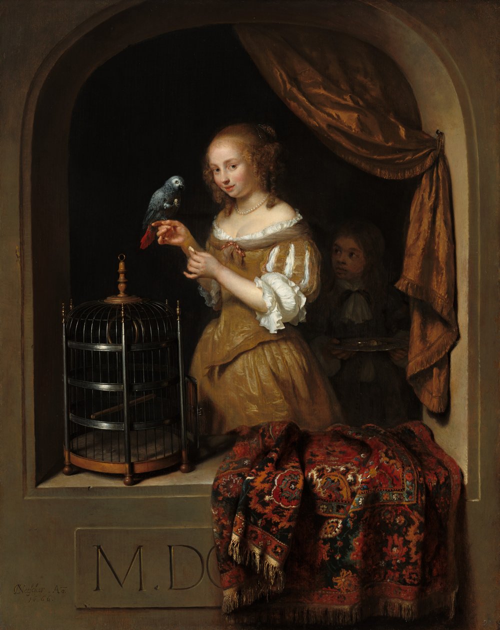 Žena krmící papouška se stránkou, 1666. od Gaspar Netscher
