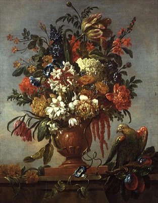 Zátiší květin v urně, s červeným papouškem od Gaspar Pieter II Verbruggen