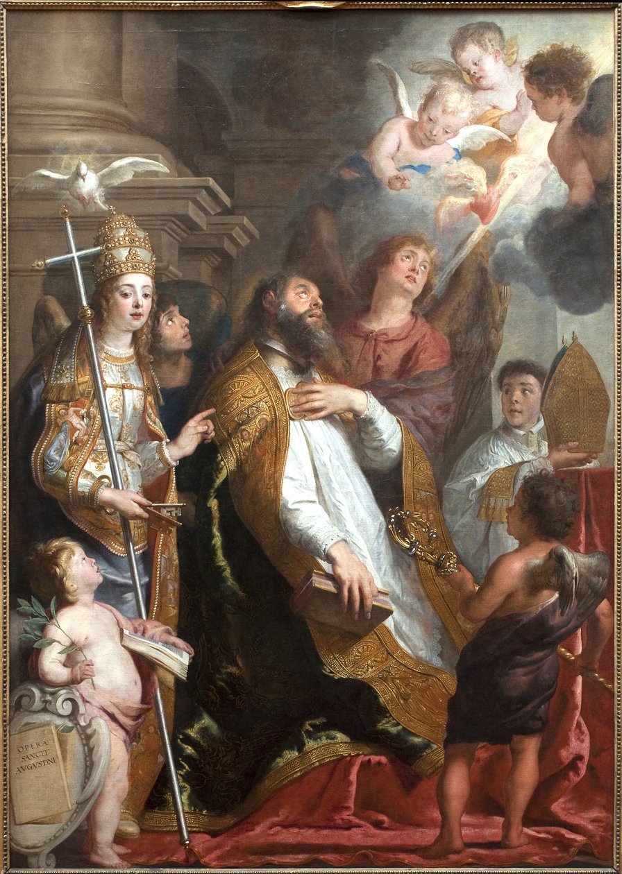 Svatý Augustin z Hrocha v extázi. Světec omdlel při pohledu na křídlo srdce v plamenech a obklopené anděly. Vlevo holubice Ducha svatého (Duch svatý). Obraz Gaspara de Crayer (1584-1669), vlámské umění 17. století. Olej na plátně. Ztlumit. od Gaspar De Crayer