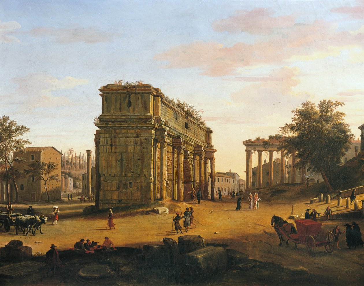 Oblouk Septimia Severa v Římě, od Gaspara van Wittela (1652 nebo 1653-1736), olej na panelu, 565 x 9056 cm, detail od Gaspar van Wittel