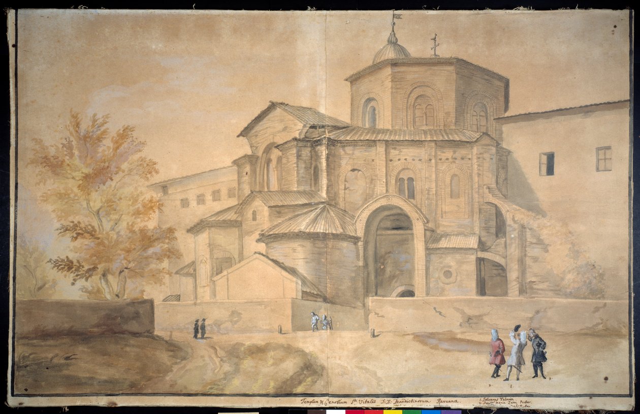 Basilica di San Vitale, Ravenna (pero a inkoust s akvarelem na papíře) od Gaspar van Wittel
