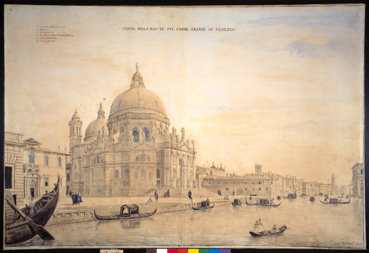 Chiesa della Salute, Canal Grande, Benátky (pero a inkoust s akvarelem na papíře) od Gaspar van Wittel