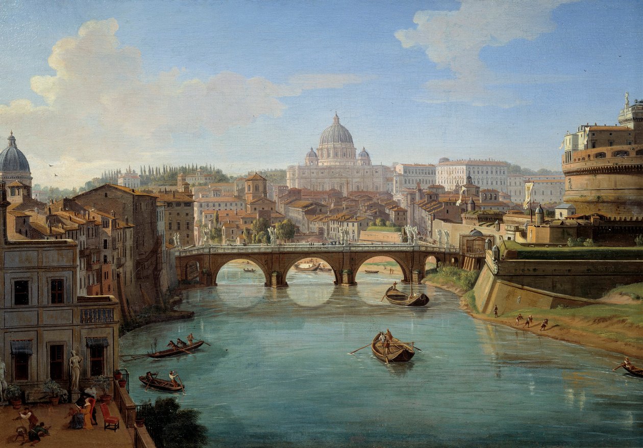 Pohled na baziliku sv. Petra v Římě, detail obrazu „“ Pohled na hrad sv. Angela v Římě“ Panorama města, Tibery a Castel Sant „Angelo, mauzolee císaře Hadriána““ Malba od Gaspare Vanvitelli od Gaspar van Wittel