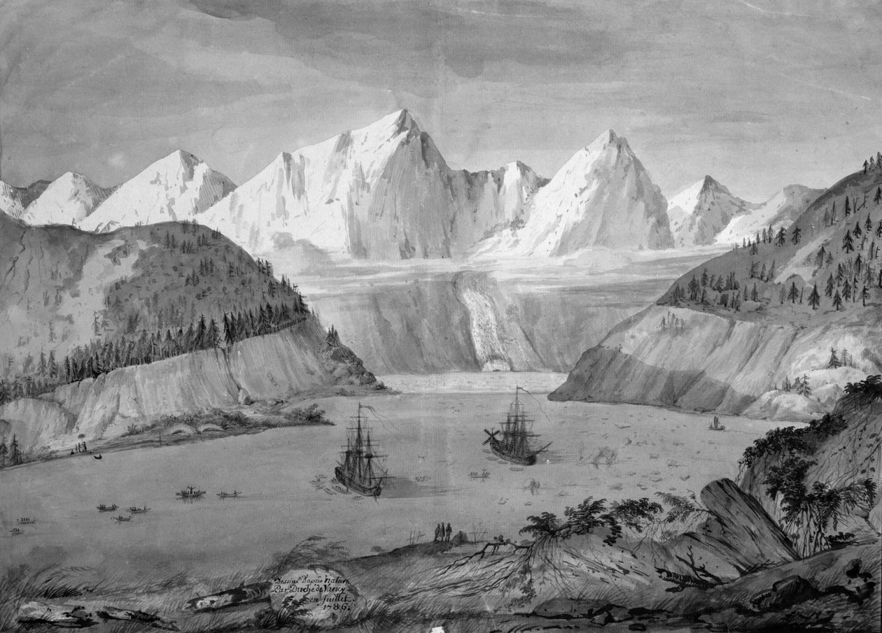 Le Port des Francais, Aljaška, z „Voyage de La Perouse“, červenec 1786 (pero a inkoust a pero na papíře) (viz také 375728) od Gaspard Duche de Vancy