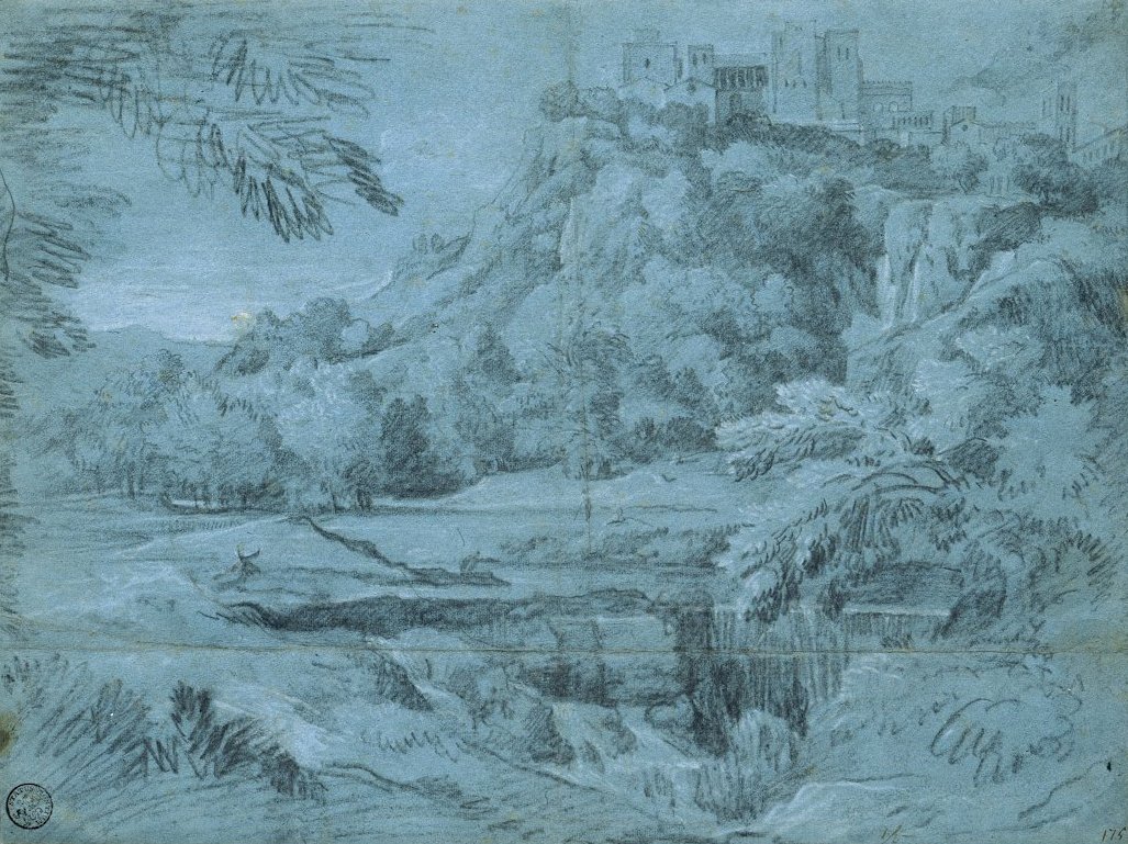 Krajina s horským městem a vodopádem od Gaspard Poussin Dughet
