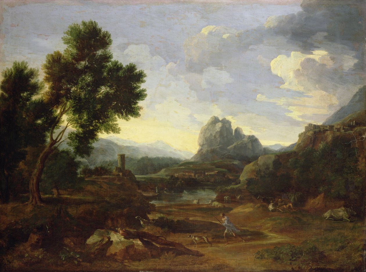 Krajina s lovcem a psy od Gaspard Poussin Dughet