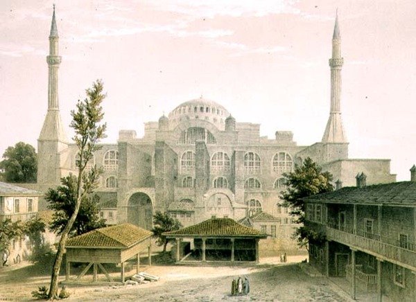 Haghia Sophia, deska 16: hlavní průčelí, ryté Louis Haghe (1806-85) publikoval 1852 (litho) od Gaspard (after) Fossati