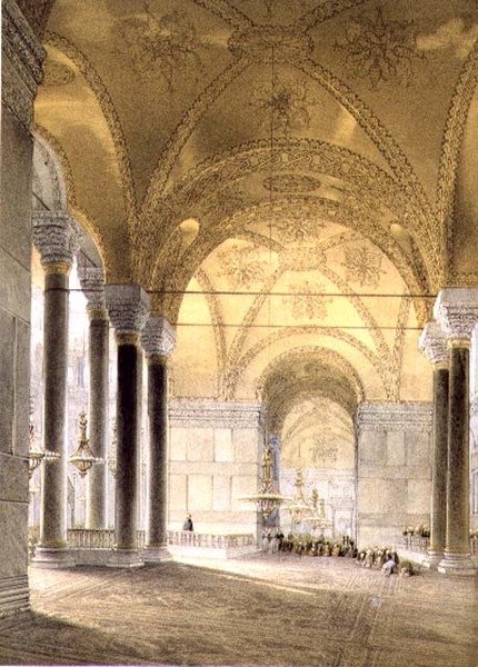 Hagia Sophia, deska 7: vchod do hlavní lodi, rytý Louis Haghe (1806-85) publikováno 1852 (litho) od Gaspard (after) Fossati