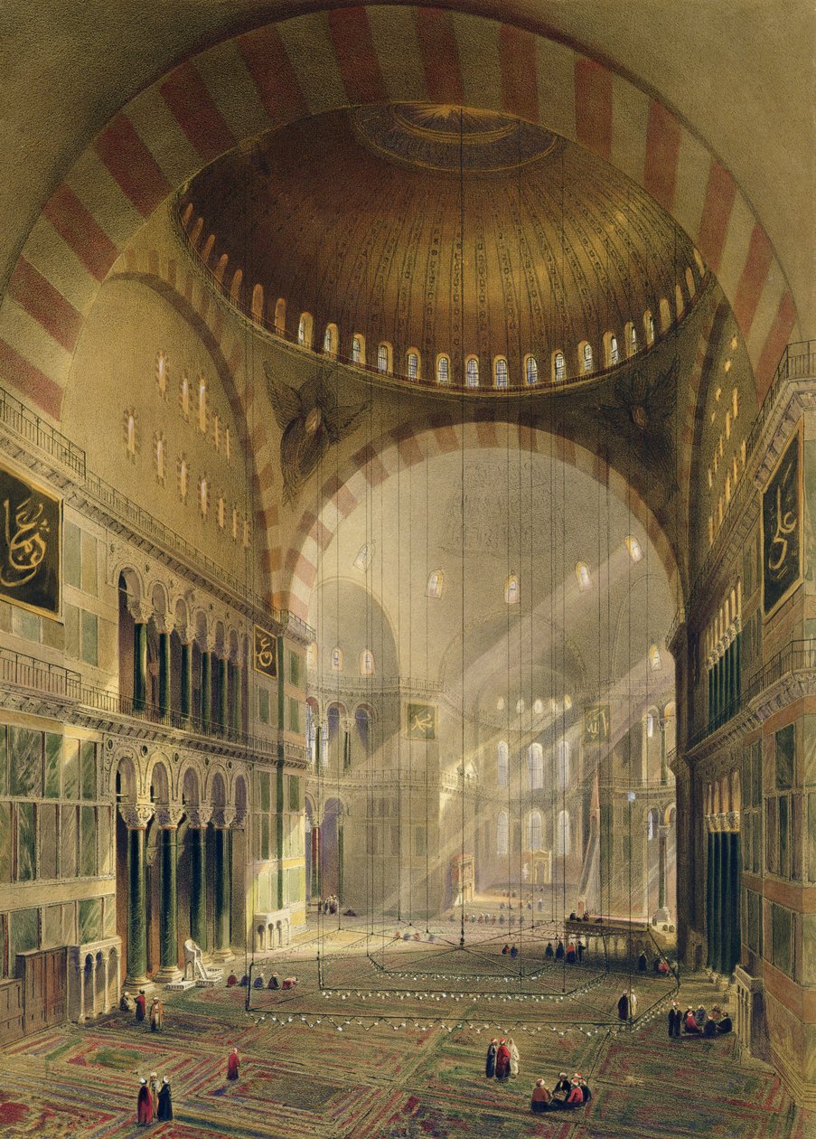 Hagia Sophia, deska 24: interiér centrální kopule se sníženými lustry, rytý Louis Haghe (1806-85), publikováno 1852 od Gaspard Fossati