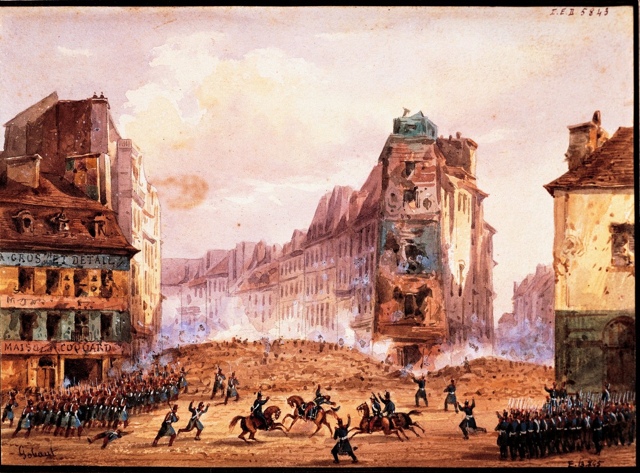 Scéna z revoluce 1848, kultura barikády na ulici Sainte Catherine v měsíci únoru, Gobaut, Francie od Gaspard Gobaut
