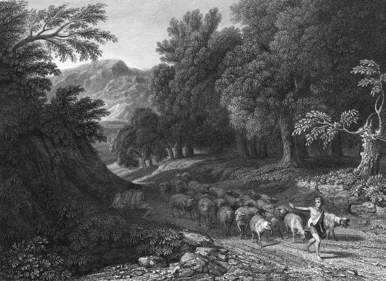Krajina s pastýřem a stádem (rytina) od Gaspard Poussin (after) Dughet