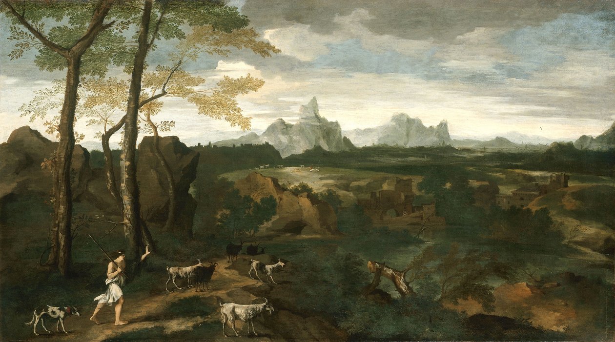 Krajina s pastevcem a kozami, kolem 1635 (olej na plátně) od Gaspard Poussin Dughet