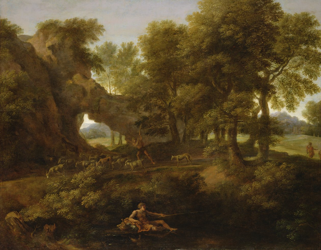 Krajina s rybářem, pastýřem a dalšími postavami od Gaspard Poussin Dughet