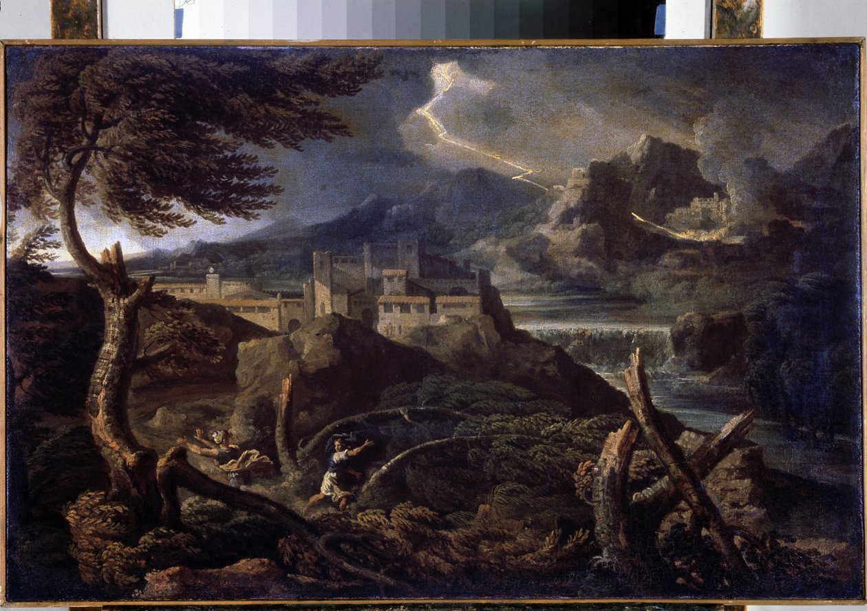 ""Paysage aux eclairs"" (Krajina s bleskem) Obraz od Gasparda Dugheta (1615-1675) 1670 přibližně Rozměr 40x62,5 cm Muzeum Ermitáž, Petrohrad (Saint-Petersburg) od Gaspard Poussin Dughet