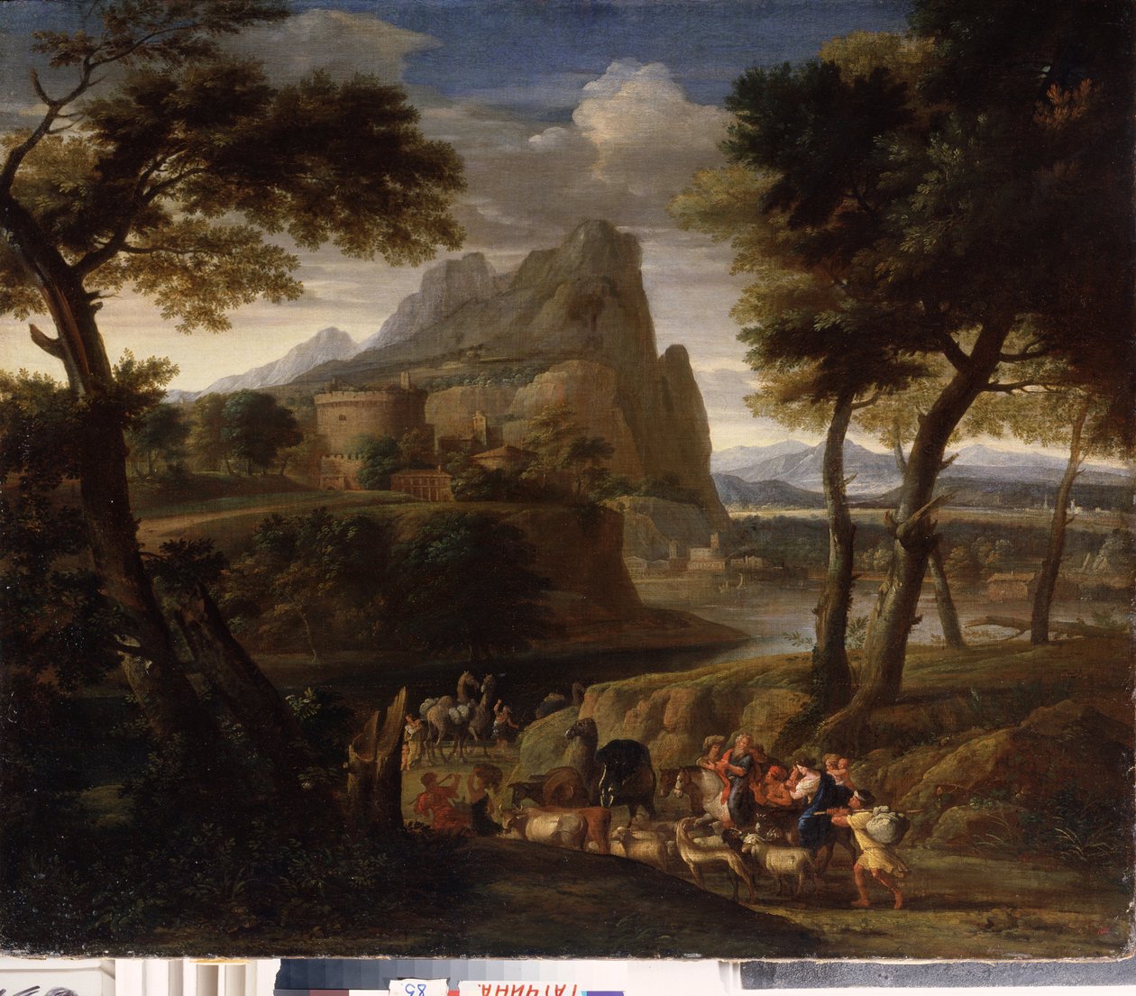 ""Krajina se skupinou cestovatelů"" (Krajina s karavanou) Malba Gasparda Dugheta (1615-1675) Státní muzeum pod širým nebem 17. století Palác Gatchina, Petrohrad od Gaspard Poussin Dughet