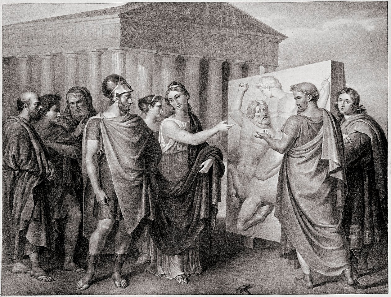 Athénský politik Pericles (495-429 př. n. l.) a jeho společník Aspasie řídí Phidiasovo dílo pro Parthenon a Athenes (Perikles a Aspasia řídí dílo Phidias pro Parthenon v Aténách) Rytina podle obrazu Gaspare Landiho (1756-1830). 19 od Gaspare Landi