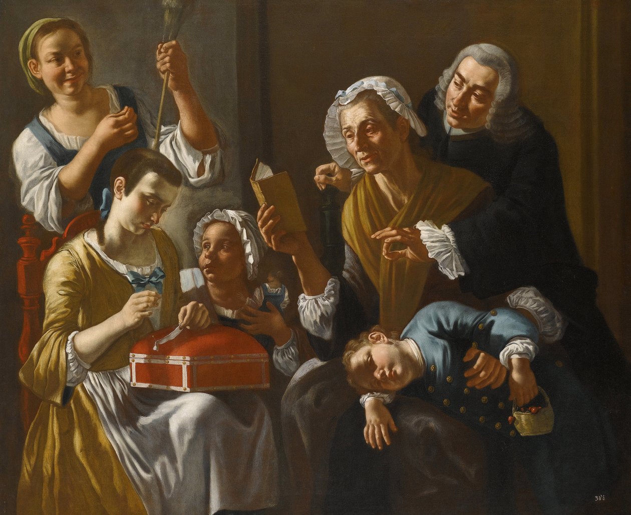 La lecon de couture - Lekce šití par Traversi, Gaspare (1732-1769). Olej na plátně, rozměr: 131x158, cca 1760, soukromá sbírka od Gaspare Traversi