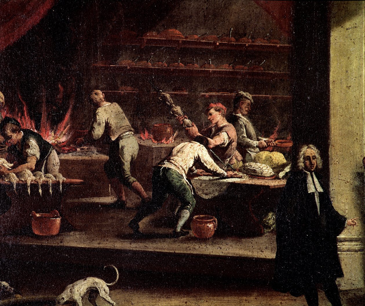 Benátští kuchaři pracující v kuchyni Detail - Obraz připisovaný Gaspare Dizianimu (1698-1767), praporčíku kuchařského umění (Arte dei cuochi) Benátky, Museo Correr od Gasparo Diziani
