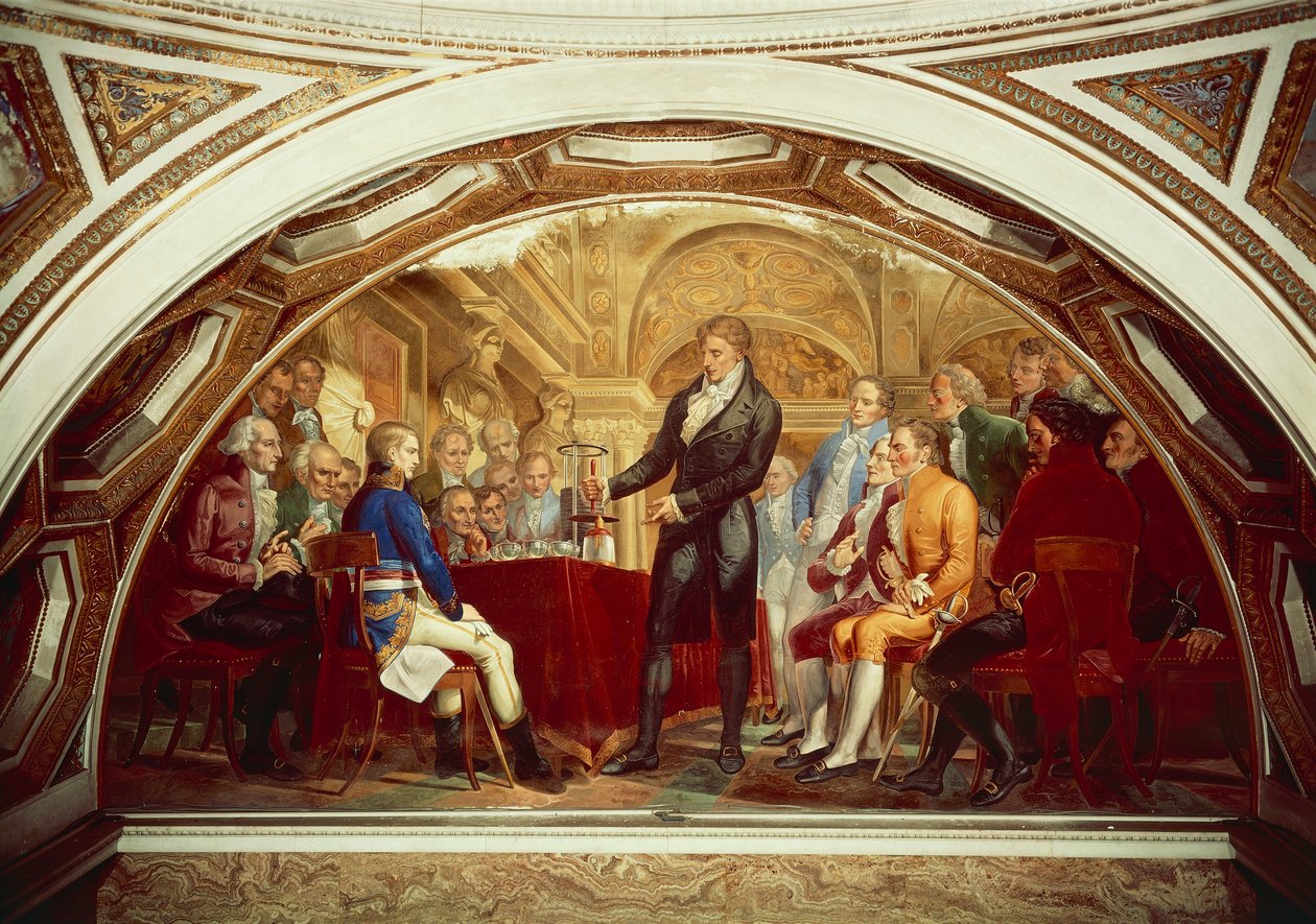 Alessandro Volta (1745-1827) vystavuje svou nově vynalezenou baterii Napoleonovi (1769-1821) v Institut de France v Paříži, 7. listopadu od Gaspero Martellini