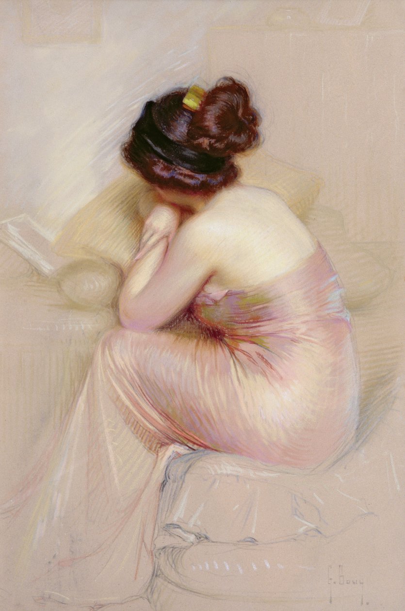 Studie mladé ženy v saténových večerních šatech (pastel na papíře) od Gaston Bouy
