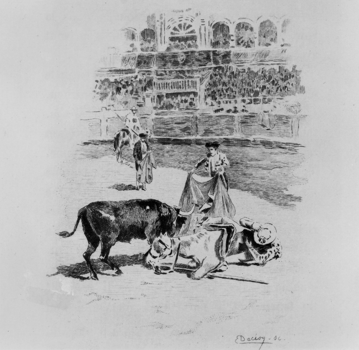 Pád Picadora, ilustrace z Carmen od Prospera Merimeeho (1803-70) vyrytá Eugenem Decisym (1866-c.1936) od Gaston Vuillier