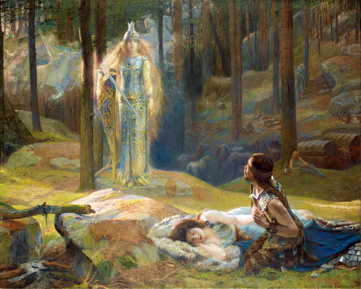 La revelation, Brunnhilde (Brunehilde, Brynhildr) decouvrant Siegmund et Sieglinde - The Revelation. Brunhilde vidí Siegmunda a Sieglinde od Bussiere, Gaston (1862-1928) od Gaston Bussiere