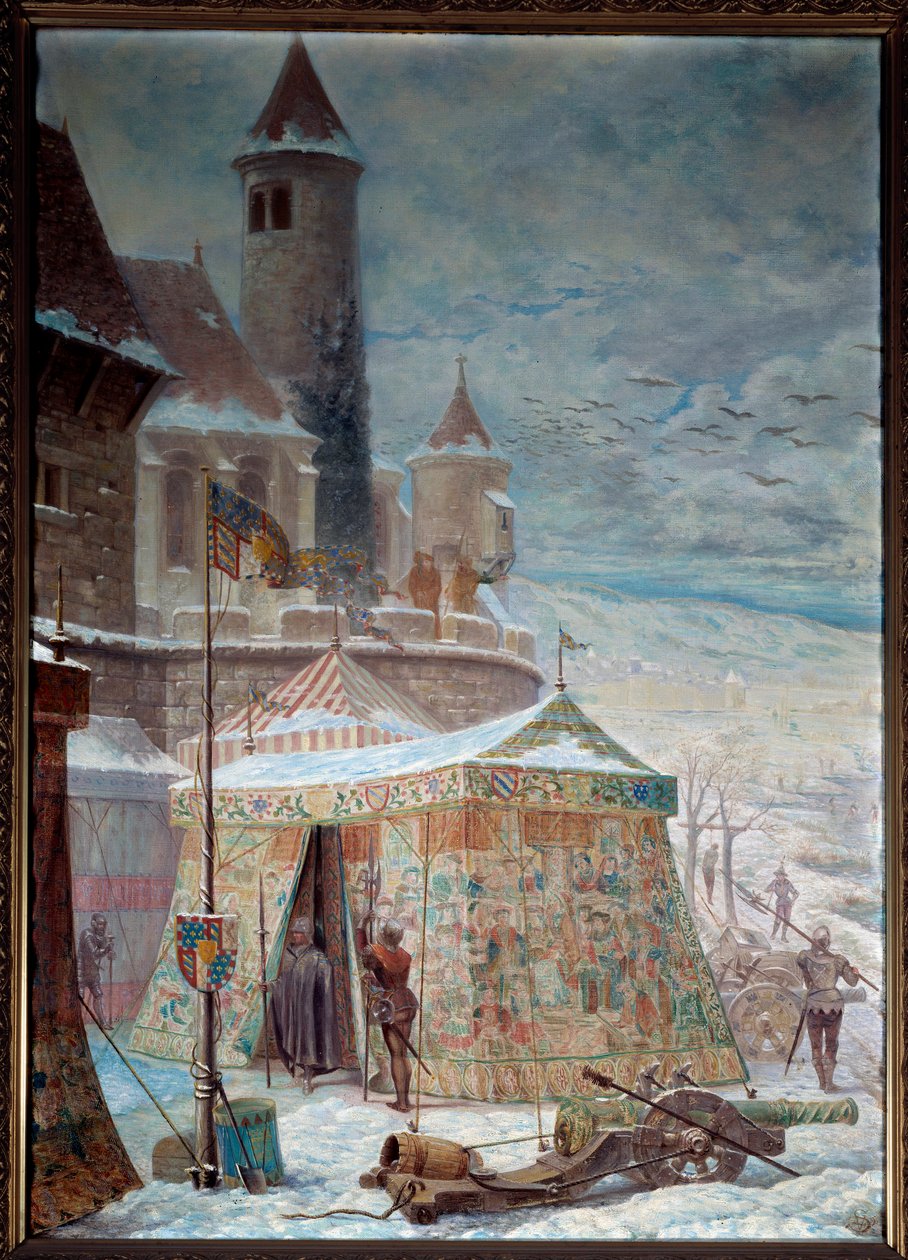 Burgundská válka: „“Stan Karla Temeraire při obléhání Nancy““ Burgundský vévoda Charles Temeraire zemřel během bitvy u Nancy dne 5. 1. 1477, která ho postavila proti Lotrinské armádě a Švýcarsku Rene II Lotrinský. Malovat od Gaston Save