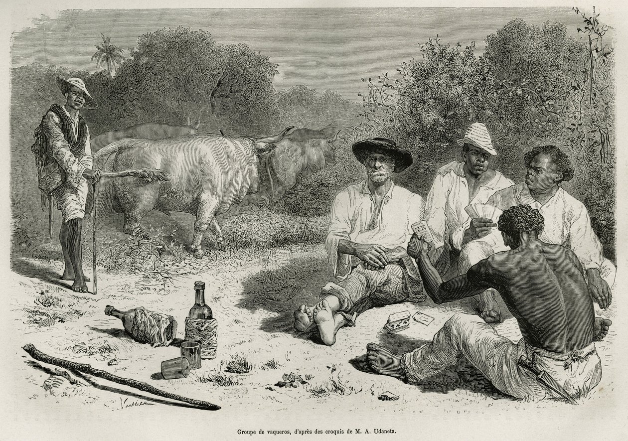 Skupina vaqueros hrajících karty a pijících alkohol poblíž stád volů, rytina podle kresby G. Vuilliera, pro ilustraci příběhu De Cayenne aux Andes, od Julese Crevauxe, doktora francouzského námořnictva, v letech 1878-1879, vyd. v tour du mon od Gaston Vuillier